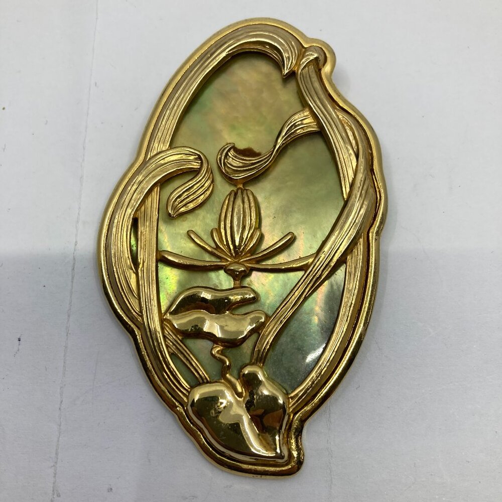 Vtg DURI signed  chunky 3" art nouveau abalone shell brooch